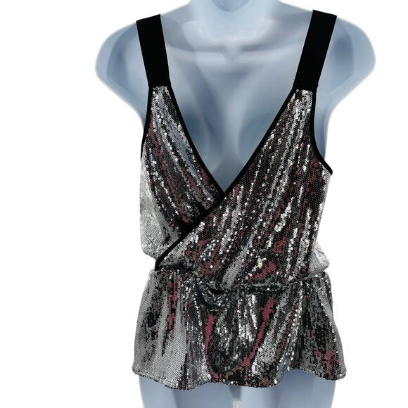 Chelsea 28 Silver Black Sequins Faux Wrap V-Neck Sleeveless Peplum Dressy Top XS - Picture 3 of 8